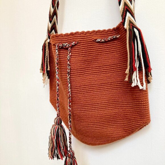 Handcrafted Woven Crossbody Tote Bag In Rust W/Multi-Colored Tassels | Unisex - Picture 3 of 12